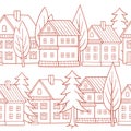 City Street Scene with colorful houses. Seamless vector pattern. Royalty Free Stock Photo